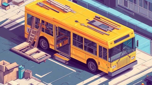 Bright yellow school bus parked on a city street, surrounded by construction materials and urban scenery - Powered by Adobe