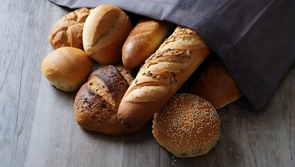 Assorted freshly baked rustic bread loaves and rolls spilling from a grey bag onto a wooden floor.