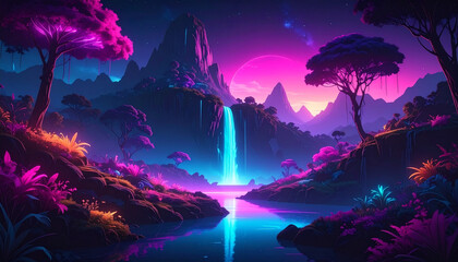 Obraz premium Neon landscape shows surreal nature with radiant waterfall, floating islands, and luminous charm creates serene scenery