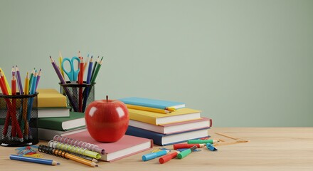 Fototapeta premium A Colorful Study Scene Featuring Books, Art Supplies, and a Bright Red Apple on a Table
