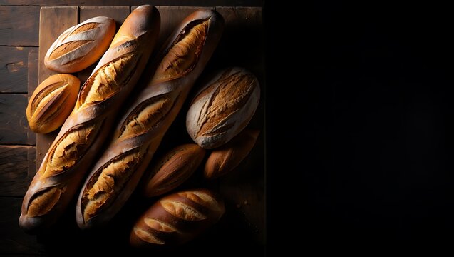 Artistic top view of freshly baked artisan breads and baguettes with dramatic lighting on a dark wooden table.