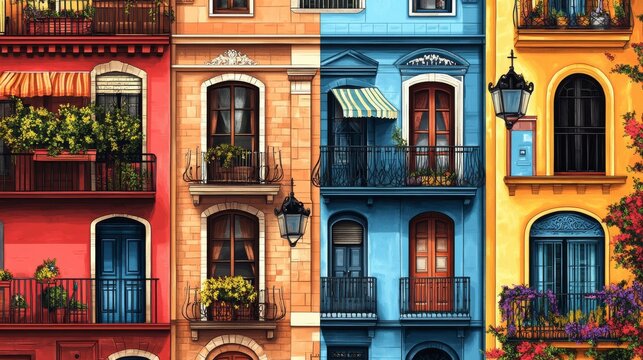 Fototapeta architecture digital art, classic Spanish buildings, precise pencil colorful drawing. made in adobe illustrator, different patterns, COLORFUL DRAWINGS 