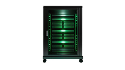 Modern server rack with glowing green lights, representing data center technology and network infrastructure.