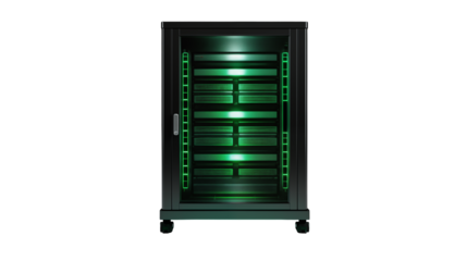 Modern server rack with glowing green lights, representing data center technology and network infrastructure.
