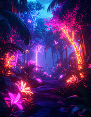 Fototapeta premium Surreal neon jungle is glowing so bright with colorful flora and fauna, cinematic nature scene leaves observer feeling wonder