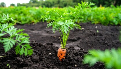 Organic carrots grow from the rich soil in a spring vegetable garden