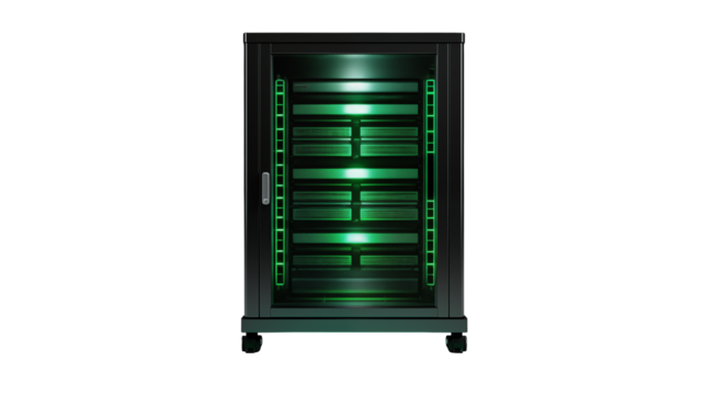 Modern server rack with glowing green lights, representing data center technology and network infrastructure.