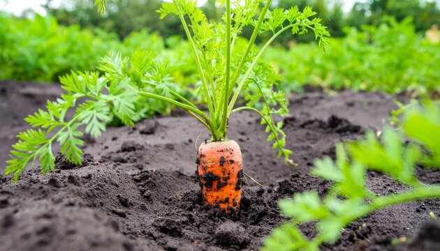 Organic carrots grow from the rich soil in a spring vegetable garden