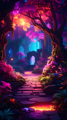 AI generated surreal neon jungle evokes wonder and amazement with glowing flora and fauna creating cinematic scene
