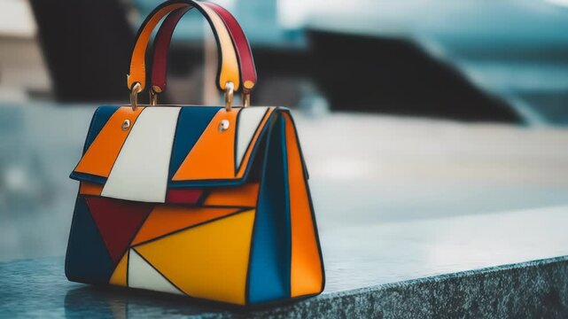 Geometric pattern handbag featuring a vibrant palette of orange, yellow, red, and blue, set against a blurry urban backdrop, perfect for fashion and design projects.