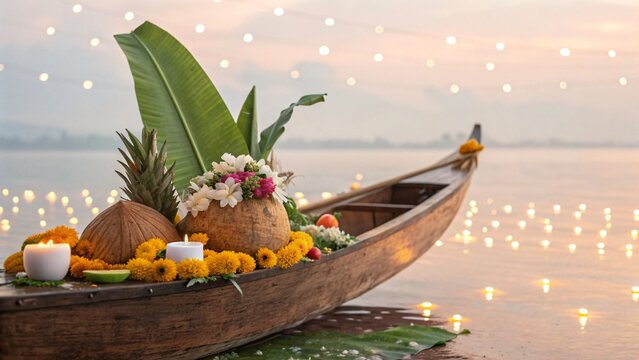 Beautifully decorated boat floating on water adorned with flowers fruits coconuts and candles under the soft glow of evening lights