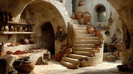 Stone spiral staircase in a sunlit earthenware-filled interior