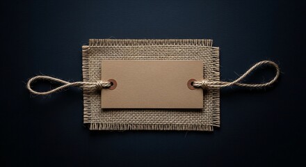 Blank kraft paper tag tied with jute on burlap, dark background
