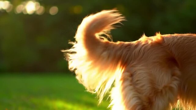 Dog Waving Tail in Golden Sunset Light &ndash; Happy Pet in Nature at Dusk