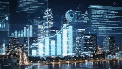 Night City Financial Data Visualization - A captivating nighttime cityscape is overlaid with dynamic financial data visualizations, including graphs, charts, and digital code, symbolizing the - Powered by Adobe