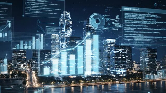 Night City Financial Data Visualization - A captivating nighttime cityscape is overlaid with dynamic financial data visualizations, including graphs, charts, and digital code, symbolizing the - Powered by Adobe