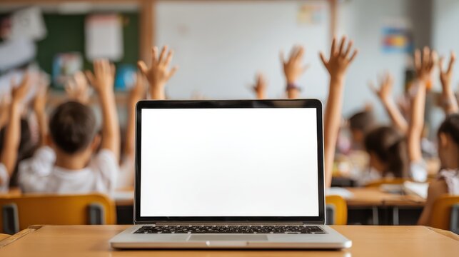 laptop computer white blank empty mockup screen on teachers table with elementary junior children students raising hands in classroom background education software website technology ads concept no l