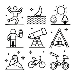 Outdoor Adventure Icons Set with Hiking, Camping, Biking and Stargazing Elements