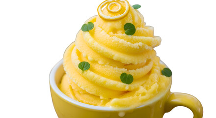 Delicious Yellow Sorbet Swirls in a Cup, Garnished with Lemon Peel and Leaves on Black