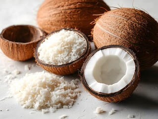 Freshly harvested coconuts with shredded coconut displayed on a clean surface