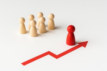 Strategic Leadership: A Red Pawn Advancing on an Upward Arrow Path Surrounded by Neutral Pawns, Symbolizing Goal-Oriented Progress in a Clean Studio Backdrop