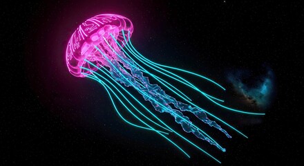 Mesmerizing cybernetic jellyfish with vibrant glowing neon tendrils