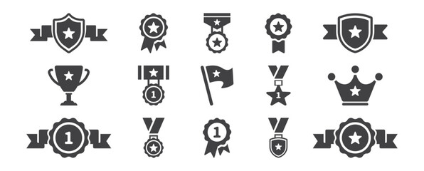 vector illustration Collection of Decorative Award Symbols Including Medals, Trophies, and Badges