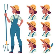 Cartoon farmer woman character set with different face expressions and poses for agriculture or rural occupation