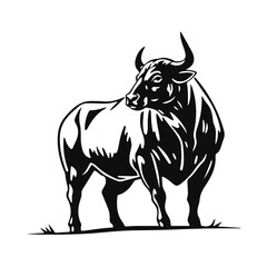 Strong bull silhouette illustration, black and white vector art, wild animal drawing, aggressive power symbol