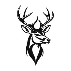 Naklejka premium Deer head silhouette with antlers in black and white line art, bold animal profile with strong forest vibe, deer head, deer silhouette, antler art, forest animal, wildlife illustration
