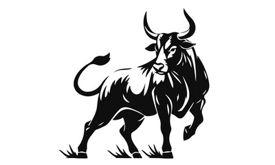 Strong bull silhouette illustration, black and white vector art, wild animal drawing, aggressive power symbol