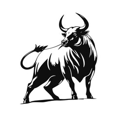 Strong bull silhouette illustration, black and white vector art, wild animal drawing, aggressive power symbol