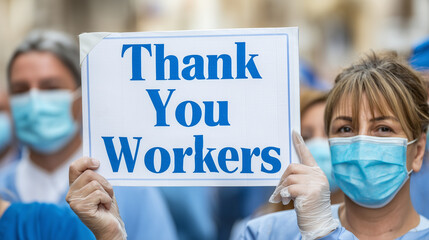 Healthcare worker holding thank you workers sign on Labor Day, honoring doctors, nurses, essential employees, frontline heroes, and their dedication to community service