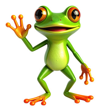 A friendly, cartoon frog with vibrant green skin and orange accents, waving a cheerful greeting isolated on a transparent background, radiates positive energy.