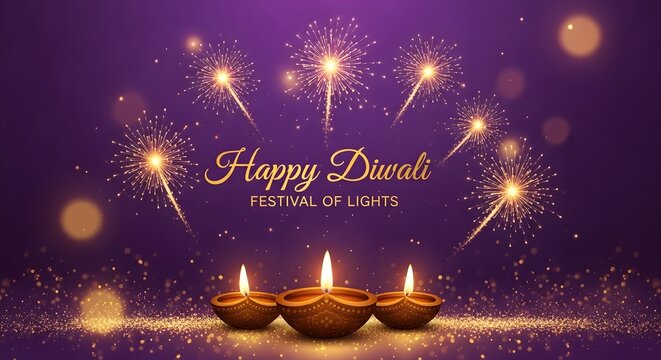 Happy diwali festival of lights with glowing diyas and fireworks on a festive purple background, celebrating indian culture and tradition with warmth and joy - Powered by Adobe