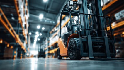 Orange Forklift Truck in Warehouse with Shelves and Storage Racks