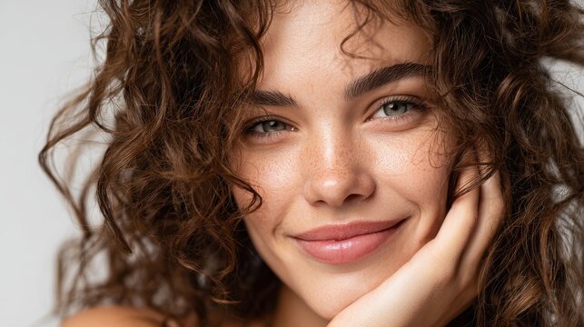close up face of smiling woman with wavy hair looking at camera isolated happy beauty woman feeling good after skin treatment portrait of curly hair girl smiling and feeling fresh after spa no logos  - Powered by Adobe
