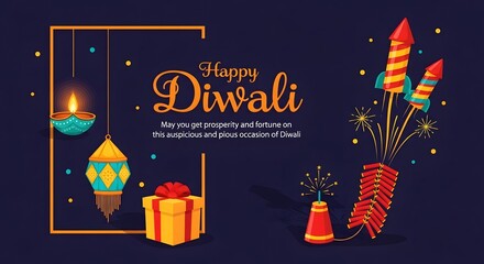 Happy diwali celebration with fireworks, lanterns, gifts, and a diya, symbolizing the festival of lights and joy in india