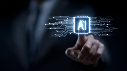 Obraz premium AI Professional Engaging with Circuit Board and Holographic Documents
