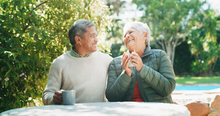 Backyard, happy and senior couple with coffee for funny conversation, bonding and relax outdoor Retirement home, garden and elderly man and woman laughing with drink for marriage, love and talking