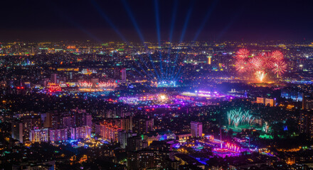 Cityscape night celebration fireworks