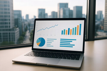 Laptop Displaying Business Analytics: A sleek laptop showcases a range of dynamic business analytics, featuring interactive charts and graphs, set against a stunning cityscape view.