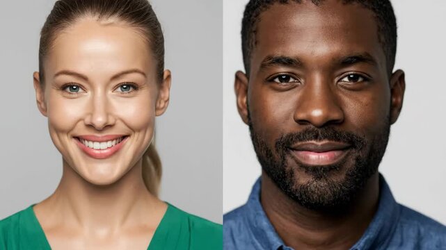 Diverse Portraits: Smiling Man and Woman - Close-up portraits of a smiling young woman and a smiling young man, showcasing diversity in a split-screen composition.