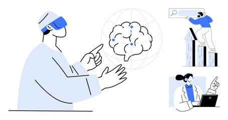 Person in VR headset interacting with brain network, a researcher working on a laptop, and a figure analyzing data trends. Ideal for technology, innovation, AI, VR, research future intelligence. A