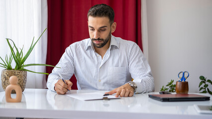 Businessman signing a contract. Car rental contract, house sale contract.