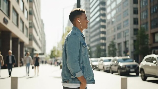 A young man enjoys his favorite music with earphones while walking along a sunny, bustling city street, embracing the urban lifestyle.