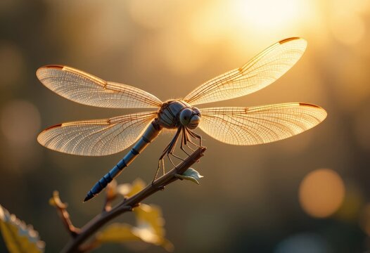 Dragonfly perched on a twig against a golden sunlit background