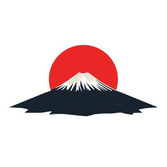 Minimalist Illustration of Mount Fuji with Red Sun in Japanese Style PNG