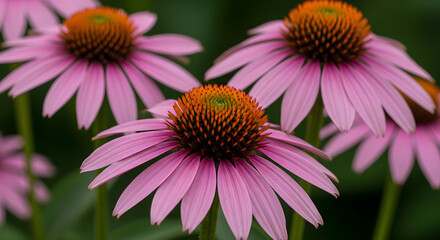 Obraz premium Ultra-Realistic Macro Photography of Pink Echinacea Flowers in Full Bloom with Spiky Orange-Brown Centers, Vibrant Petals Against Dark Green Background, Soft Natural Lighting, Shallow Depth of Field, 