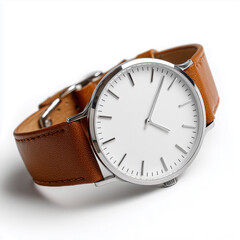 Minimalist analog watch, white face and tan leather strap